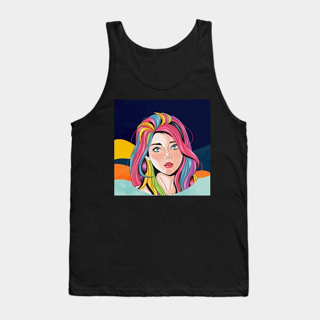 Look of innocence, Beautiful girl face with blue eyes and full color unicorn rainbow hair Art Print Tank Top by Modern Art